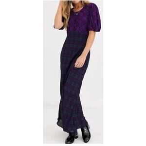 RAHI Cher Dress Short Puff Sleeve Keyhole Maxi Purple Green Mixed Plaid Medium